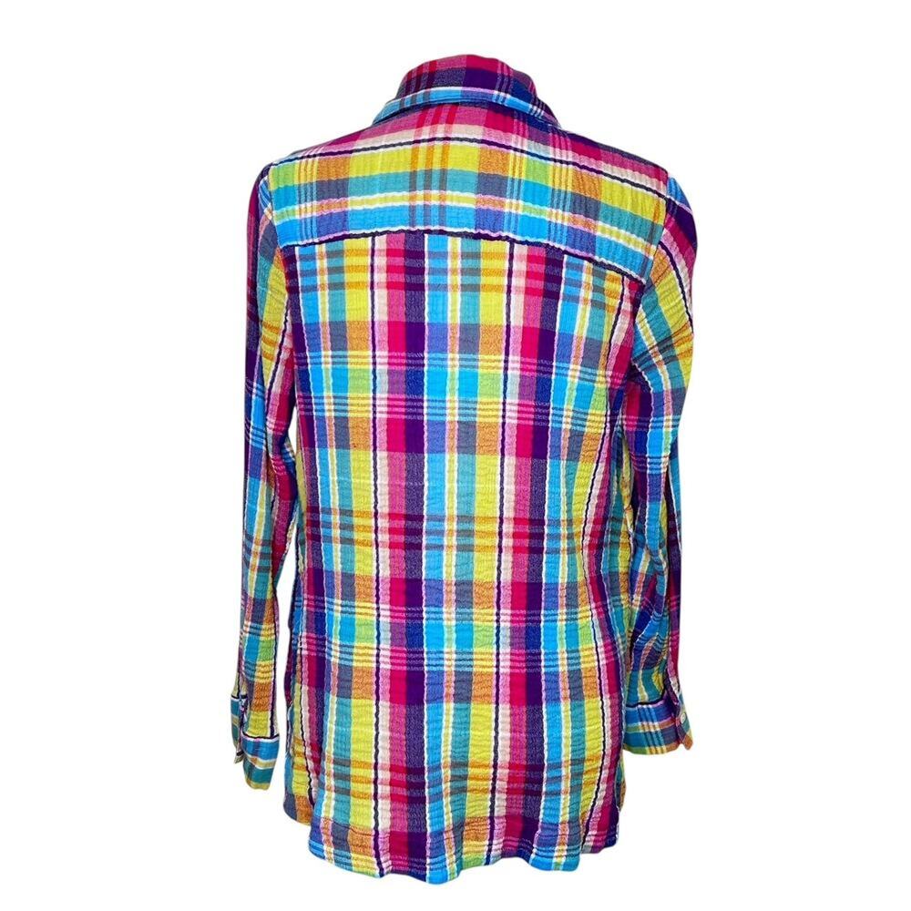 Soft Surroundings Kona Shores Button Up Gauzy Rainbow Plaid Cotton Blouse LGE - Picture 6 of 9